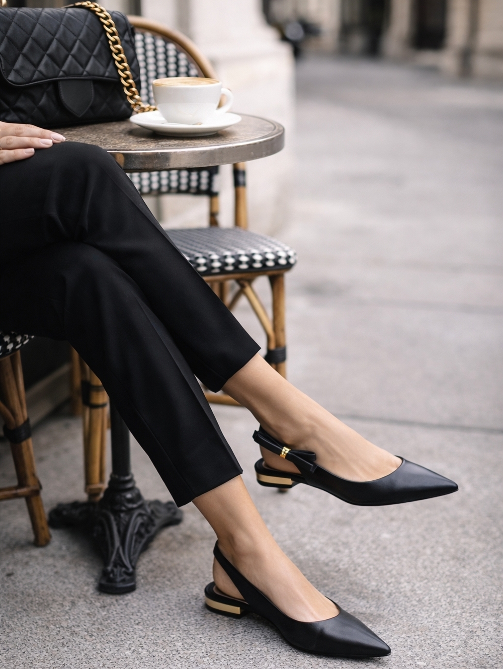 Ted Baker JANE Bow Slingback Flats Black Leather Pointed Toe Gold Detail Minimal - Picture 3 of 3
